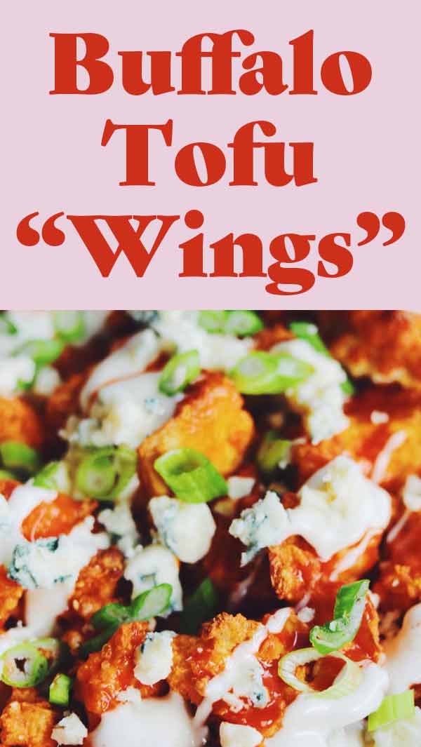 These crispy baked buffalo tofu wings are super easy to make and they taste SO GOOD! They're made by tearing pressed tofu into nuggets and tossing them in a slurry of buffalo sauce, parmesan cheese and cornstarch. After baking, they turn into crunchy, spicy and savory tofu buffalo wings! I  like to serve them loaded with blue cheese, ranch and scallions but you could totally eat them plain, too! 