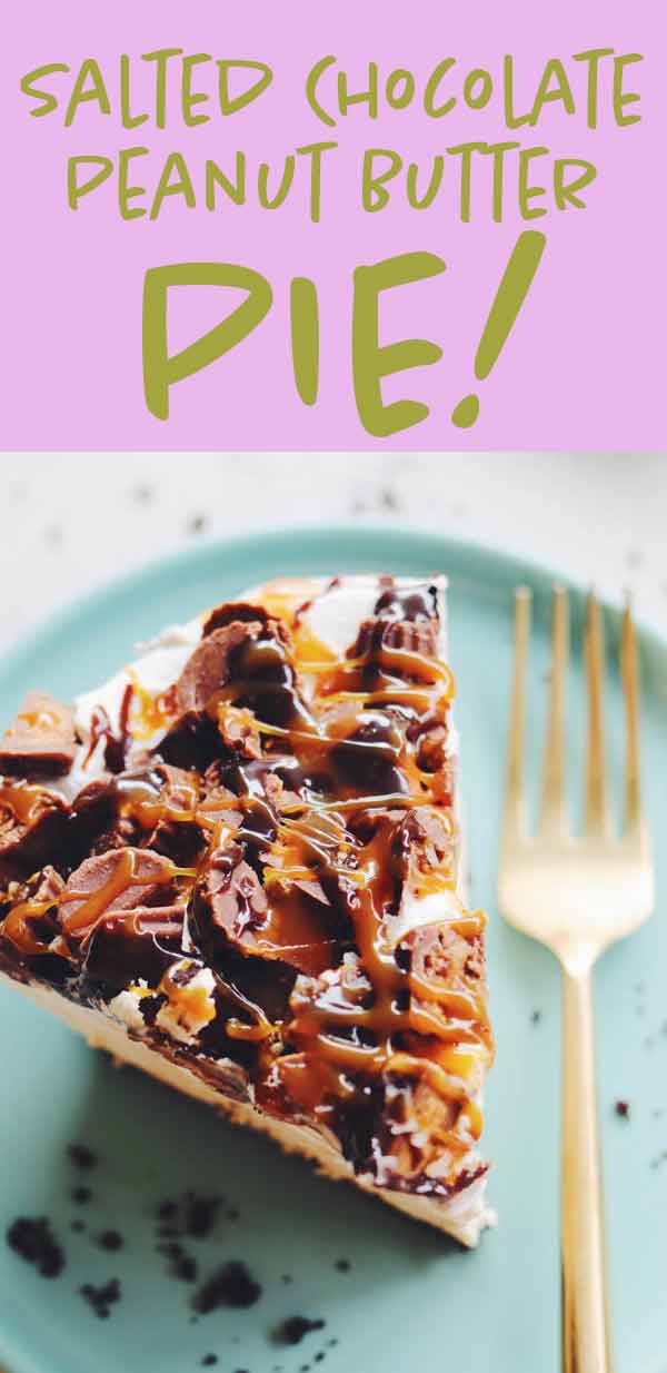 This decadent salted chocolate peanut butter pie is so delicious and so easy. It's made in under 20 minutes with just a few simple ingredients. After an hour or two in the freezer, the results are a decadently rich and delicious pie that your whole family will love!