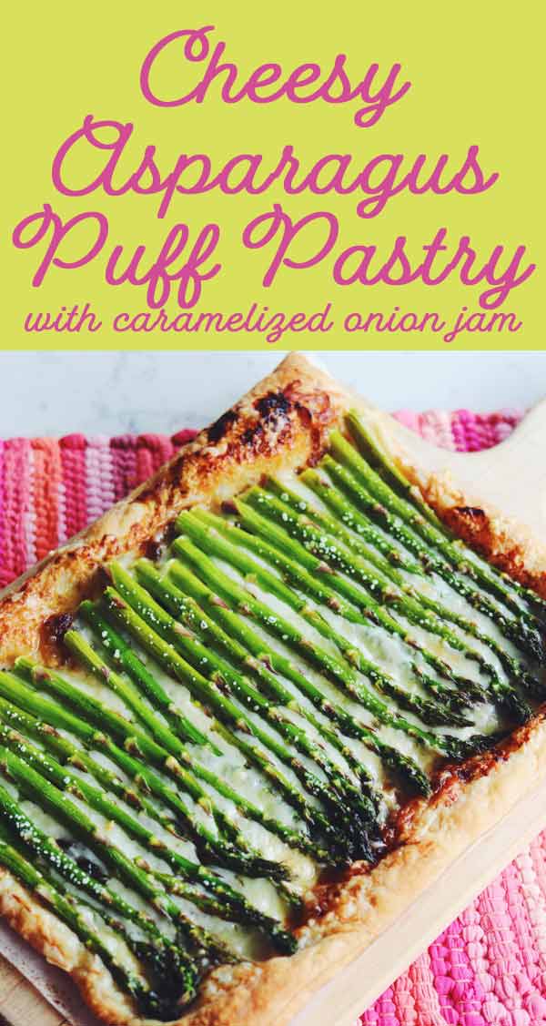 This cheesy asparagus puff pastry with caramelized onion jam is both beautiful and delicious! It's the perfect spring time dish that's great for breakfast, brunch or lunch. And although the caramelized onion jam adds so much flavor, you could substitute it for regular caramelized onions, too!
