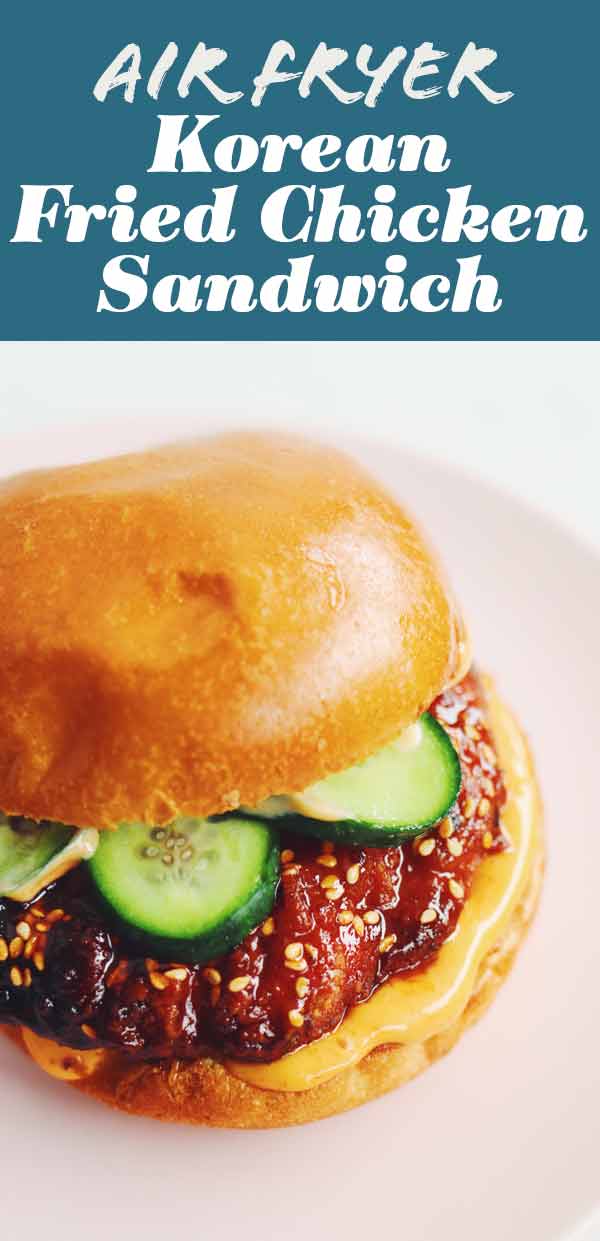 This adapted Korean Fried Chicken Sandwich is made using Aldi's Famous Red Bag Chicken in the Air Fryer. Once the chicken is cooked, it's tossed in a sweet and spicy gochujang glaze. It's then nestled into a spicy mayo slathered toasted brioche bun. The whole thing is ready in 20 minutes and it's a delicious way to use the red bag chicken at home! #sandwich #friedchicken #airfryer #redbagchicken #korean