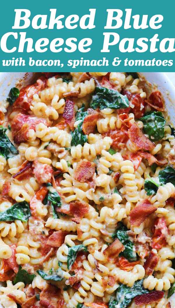 This baked blue cheese pasta with bacon, tomatoes and spinach is my new favorite! It takes the baked feta pasta approach to a whole new level that's reminiscent to a steakhouse style mac and cheese! It's quick, easy, and packed full of flavor! Even non-blue cheese lovers will adore it!