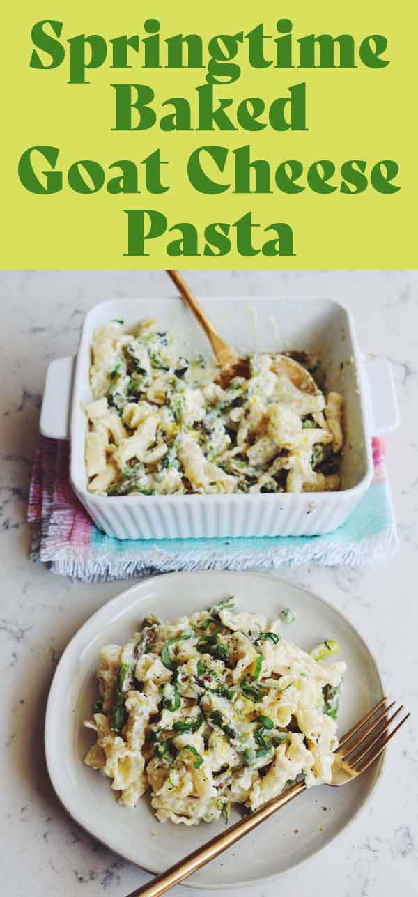 This baked goat cheese pasta is loaded with chevre goat cheese, fresh asparagus, sweet peas, fragrant mint, basil and lemon zest! Using the the baked feta pasta method, this recipe swaps out feta for goat cheese which yields a delightfully silky cheese sauce. Add Spring time veggies, and you've got yourself an easy and fresh pasta dish that everyone will love!