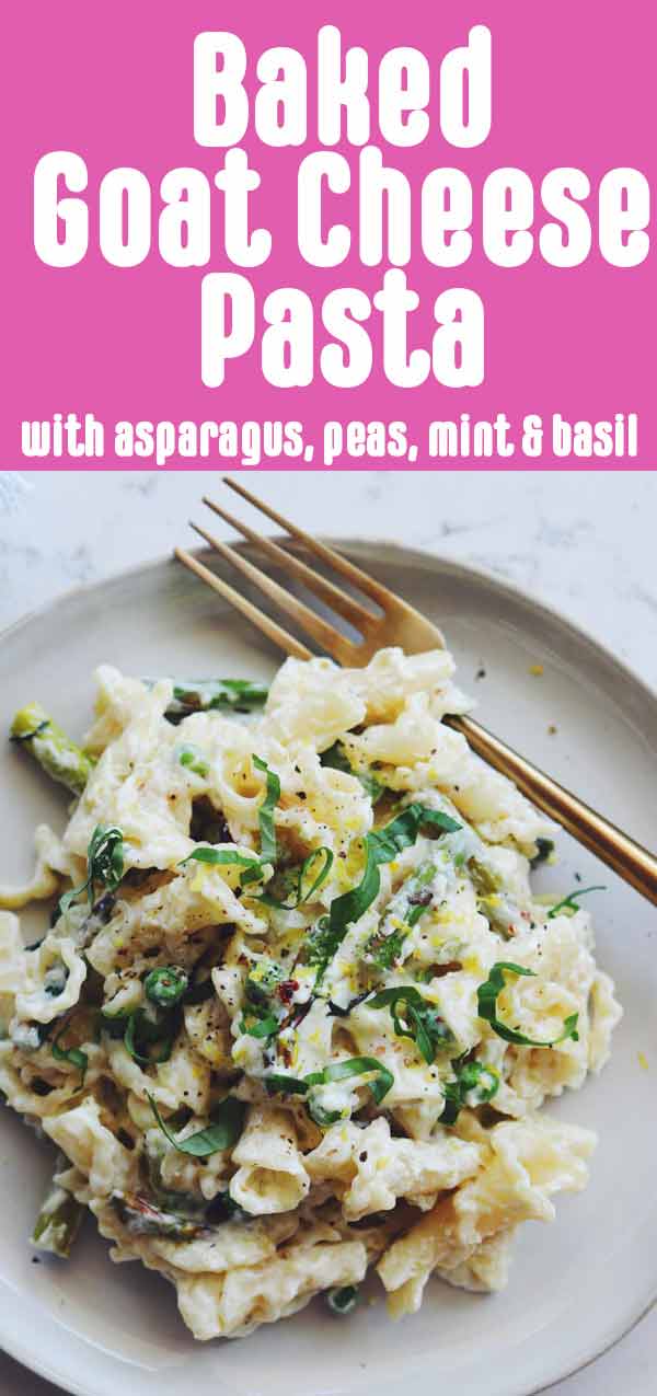 This baked goat cheese pasta is loaded with chevre goat cheese, fresh asparagus, sweet peas, fragrant mint, basil and lemon zest! Using the the baked feta pasta method, this recipe swaps out feta for goat cheese which yields a delightfully silky cheese sauce. Add Spring time veggies, and you've got yourself an easy and fresh pasta dish that everyone will love!