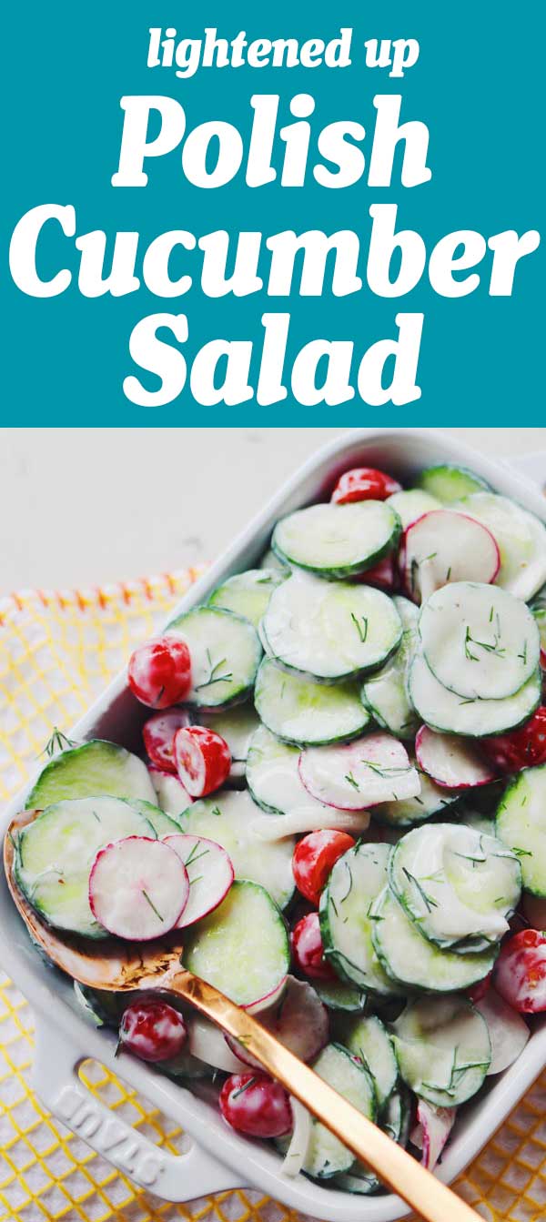 This lightened up Polish Cucumber Salad is crisp, refreshing and tasty! Traditionally, this salad (also known as Mizeria) uses sour cream and doesn't have tomatoes or onions. However, I wanted something a little bit healthier so I made some simple adaptions. 