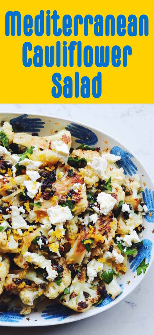 This Mediterranean Cauliflower Salad is inspired by Sicily's bold, bright, acidic, and sweet and balanced flavors. Simple oven roasted cauliflower is tossed with a tasty vinaigrette that's made with dried currants, capers, parsley, lemon, garlic and honey. I like to add feta and orange zest on top because I love cheese way too much.