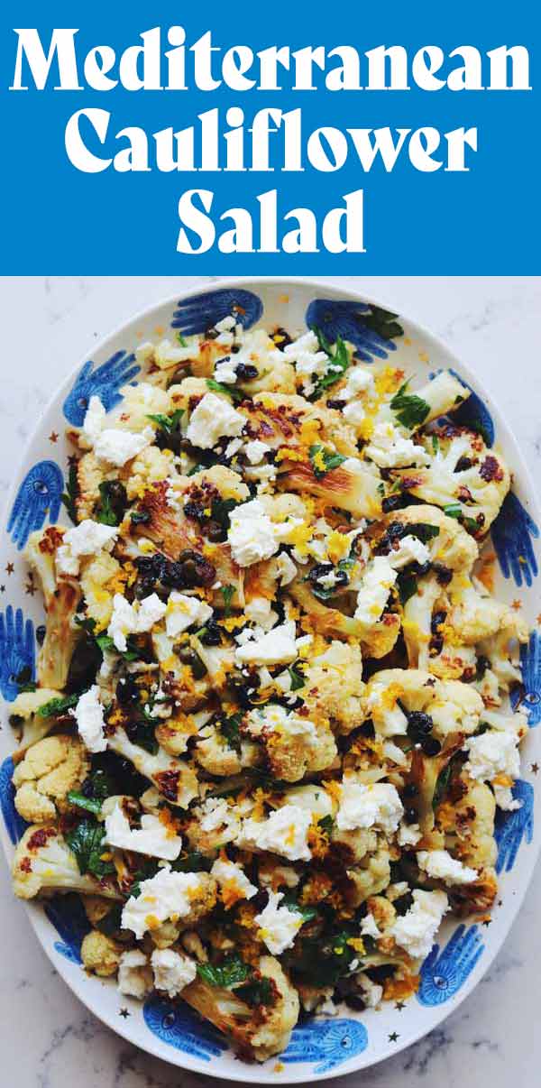 This Mediterranean Cauliflower Salad is inspired by Sicily's bold, bright, acidic, and sweet and balanced flavors. Simple oven roasted cauliflower is tossed with a tasty vinaigrette that's made with dried currants, capers, parsley, lemon, garlic and honey. I like to add feta and orange zest on top because I love cheese way too much.