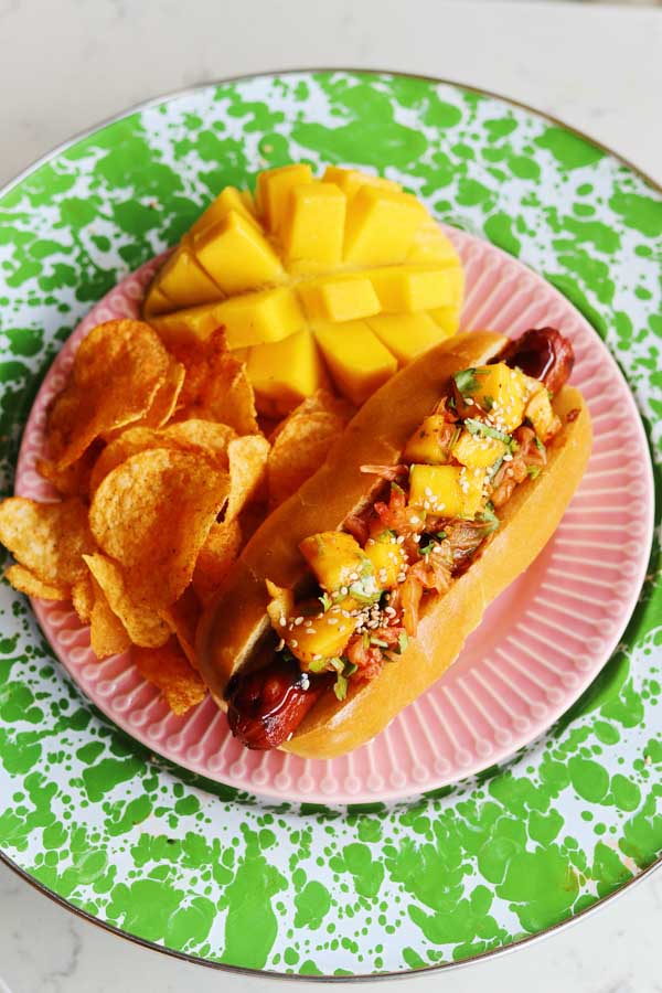 Hot Dogs with Cucumber-Mango Slaw and Homemade Srirachup