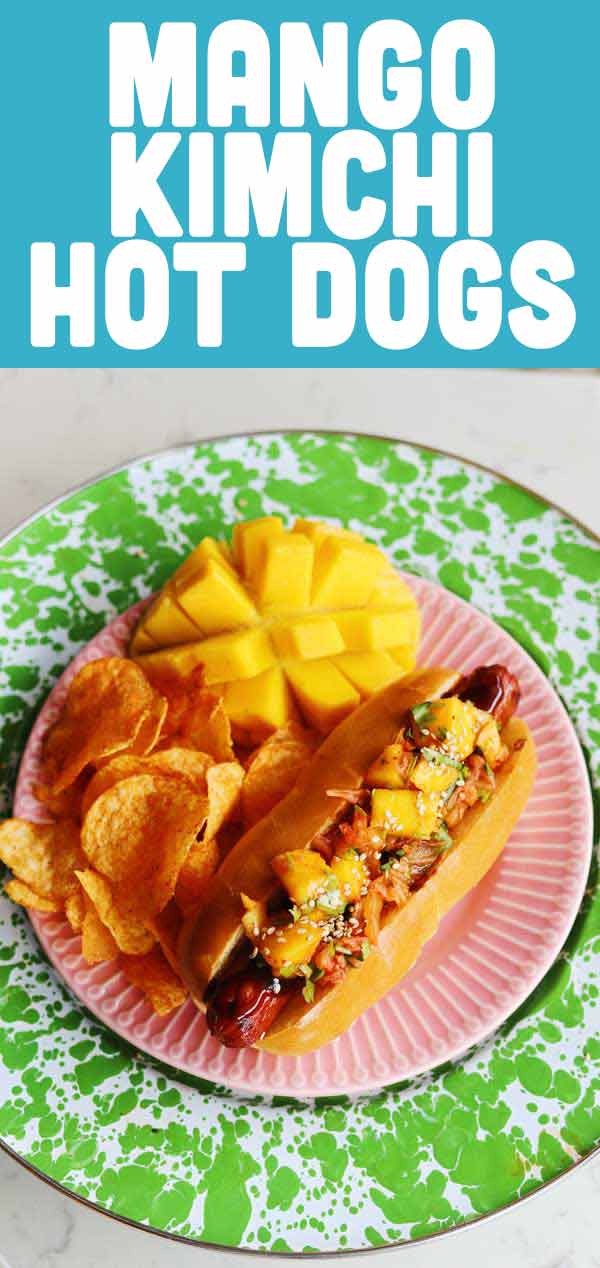 These mango kimchi grilled hot dogs are packed full of summertime flavors! The sweetness from the mango pairs perfectly with the spicy acidity from the kimchi. And, the hot dog provides the perfect salty balance! It's the ultimate, colorful summer grilling recipe!