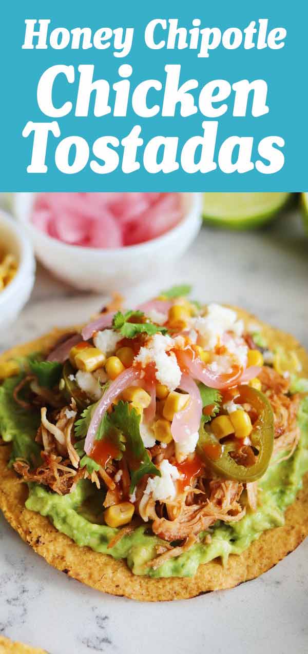 These tostadas de pollo (aka shredded chicken tostadas) are so easy and delicious! Shredded chicken breast is tossed in an easy honey chipotle sauce and piled onto crispy tostada shells with lots of tasty toppings! If you want something more traditional, you could toss the chicken in my favorite tinga sauce or even some salsa or enchilada sauce.