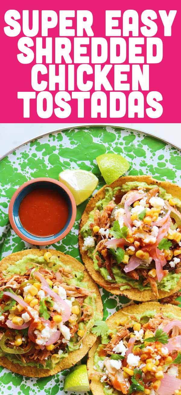 These tostadas de pollo (aka shredded chicken tostadas) are so easy and delicious! Shredded chicken breast is tossed in an easy honey chipotle sauce and piled onto crispy tostada shells with lots of tasty toppings! If you want something more traditional, you could toss the chicken in my favorite tinga sauce or even some salsa or enchilada sauce.