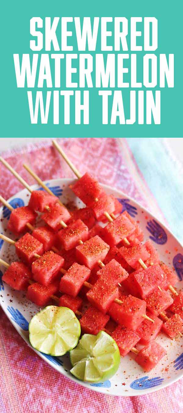 Watermelon with Tajin is one of my favorite summertime treats! Tajin, which is a spicy, sour and salty Mexican seasoning blend is delicious on pretty much everything you put it on... but when it comes to watermelon, well it's my favorite! The contrasting flavors make the watermelon taste even sweeter and more delicious. And serving this combo on skewers make everything more fun!