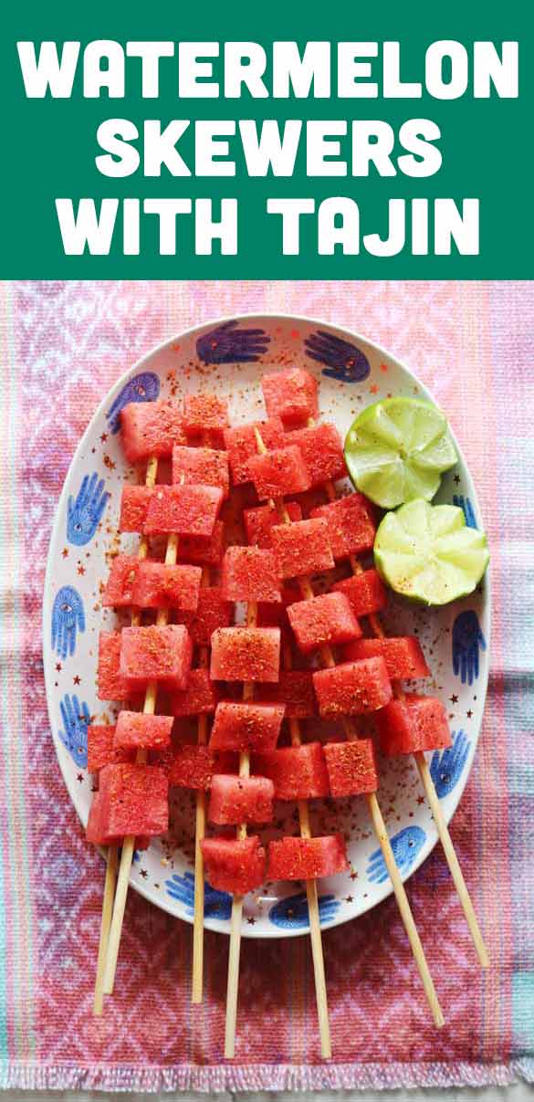 Watermelon with Tajin is one of my favorite summertime treats! Tajin, which is a spicy, sour and salty Mexican seasoning blend is delicious on pretty much everything you put it on... but when it comes to watermelon, well it's my favorite! The contrasting flavors make the watermelon taste even sweeter and more delicious. And serving this combo on skewers make everything more fun!