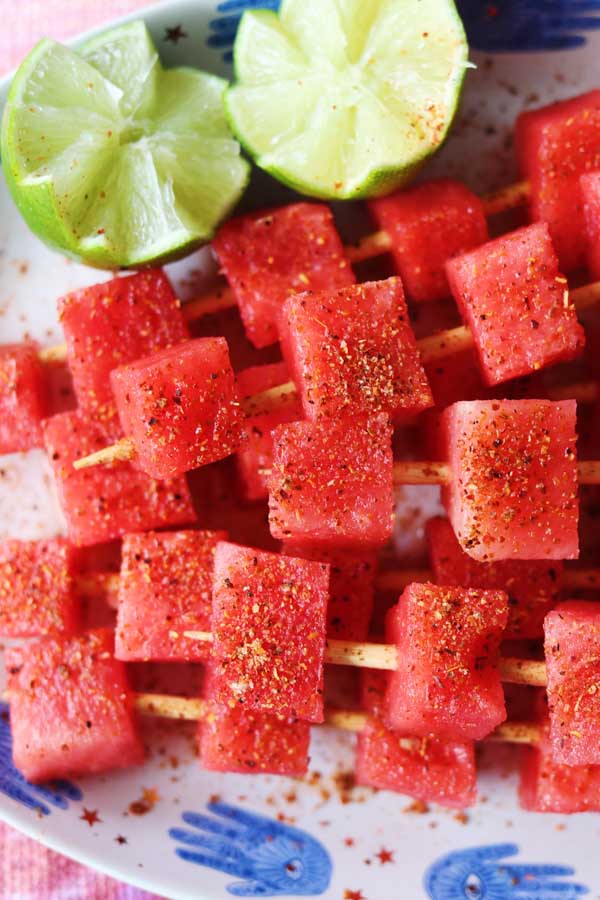 summer fruit skewers with chili lime seasoning
