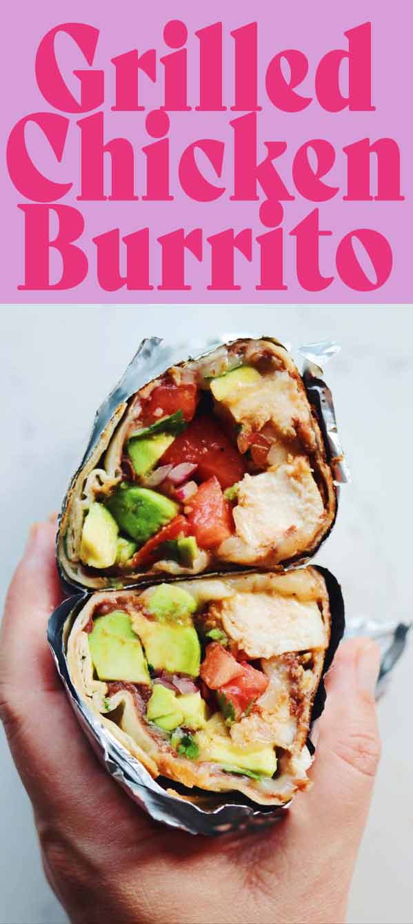 These Grilled Chicken Burritos are one of our favorite quick and easy meals. The chicken takes just mere minutes on the grill. And the burrito fillings are totally adaptable so you can use whatever you have on hand. We try to keep them rather healthy-ish but you could totally add rice, queso or whatever your heart desires! #chicken #chickendinner #easydinner #burrito #mexicanrecipe # healthydinner #avocado #grillrecipes #grilledchicken