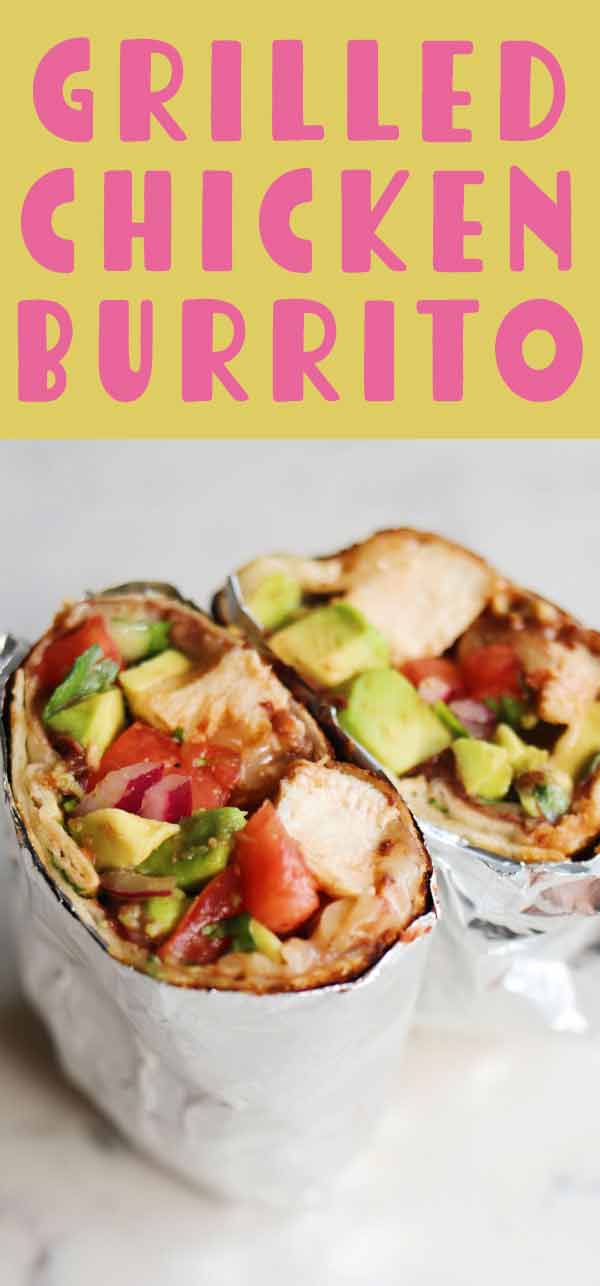 These Grilled Chicken Burritos are one of our favorite quick and easy meals. The chicken takes just mere minutes on the grill. And the burrito fillings are totally adaptable so you can use whatever you have on hand. We try to keep them rather healthy-ish but you could totally add rice, queso or whatever your heart desires! #chicken #chickendinner #easydinner #burrito #mexicanrecipe # healthydinner #avocado #grillrecipes #grilledchicken