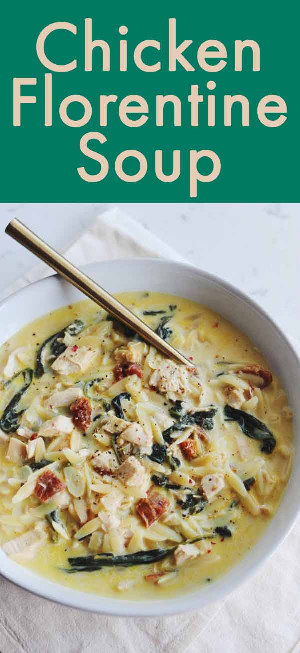 Chicken Florentine Soup is one of my favorite easy, creamy soups to make each Fall. It’s loaded with spinach, sun dried tomatoes, orzo, lemon, and garlic in a creamy parmesan broth. You’ll love how quickly it comes together and how flavorful it is! #soup #stew #chickensoup #easysoup #fallfood #fallrecipes