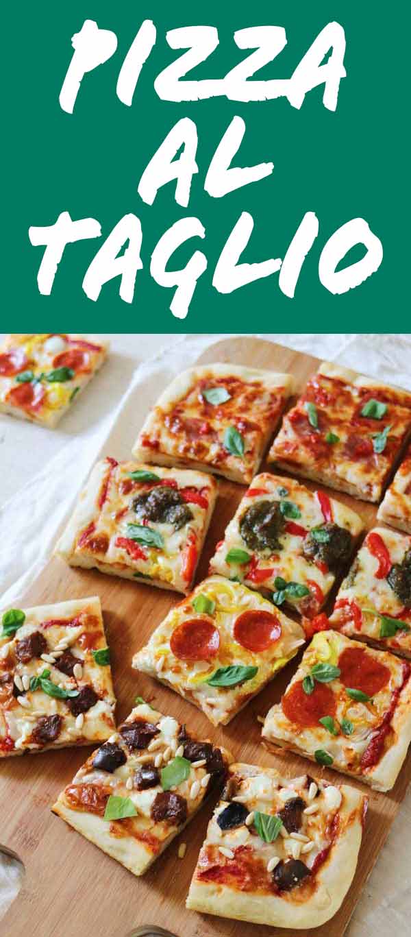 Pizza al taglio is a large, Italian style rectangular pizza that’s absolutely delicious. The dough is light and airy yet has a crispy crust on the bottom. Since it’s so big, I love mapping out four different flavor zones. Once baked, it’s sliced into squares and reheated as necessary.