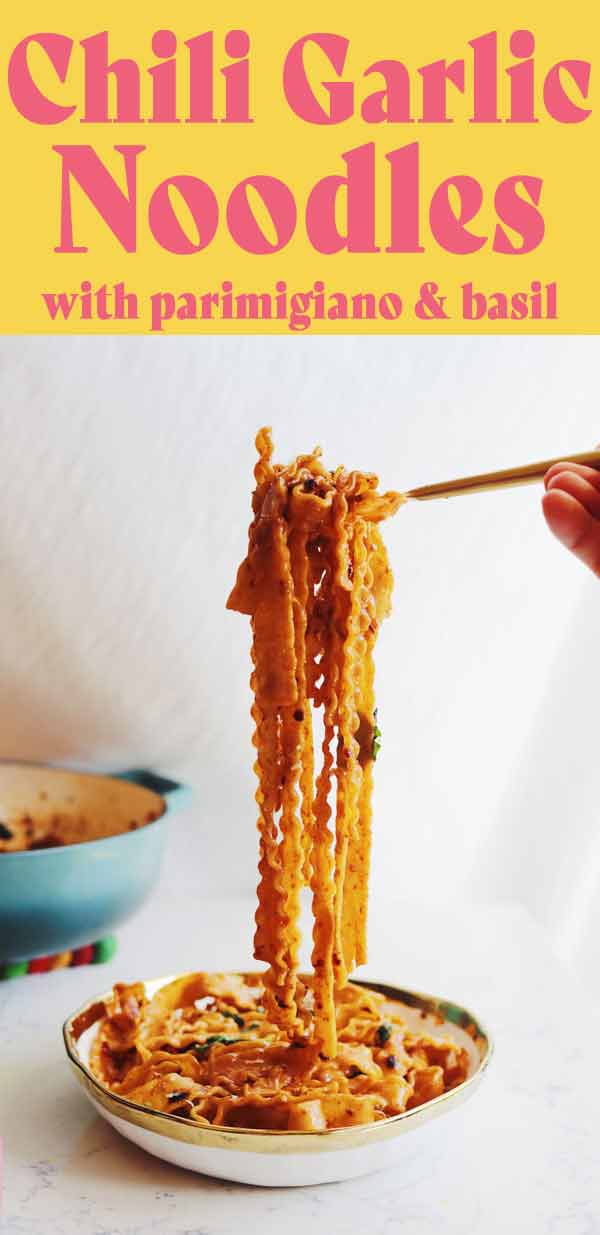 These spicy garlic butter noodles are so tasty! By combining flavors from China and Italy, we get these sweet, savory and spicy fusion noodles. You can use whatever pasta you’d like but I love these Malfadine noodles because the sauce clings to them so nicely! #noodles #pasta #chiligarlic #spicygarlicbutter #fusionfood #fusionrecipe #asiannoodles #italiannoodles