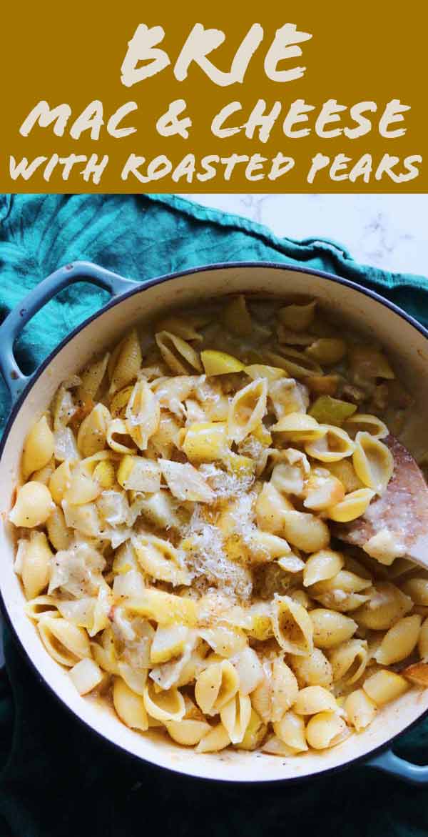 This Brie Mac and Cheese recipe makes such a delicious Fall dish! It's loaded with juicy roasted pears, creamy brie cheese sauce, and honey. It's a savory mac and cheese dish that's got just the right amount of sweetness to balance out the earthiness of the brie. It definitely needs to be on your Thanksgiving table!