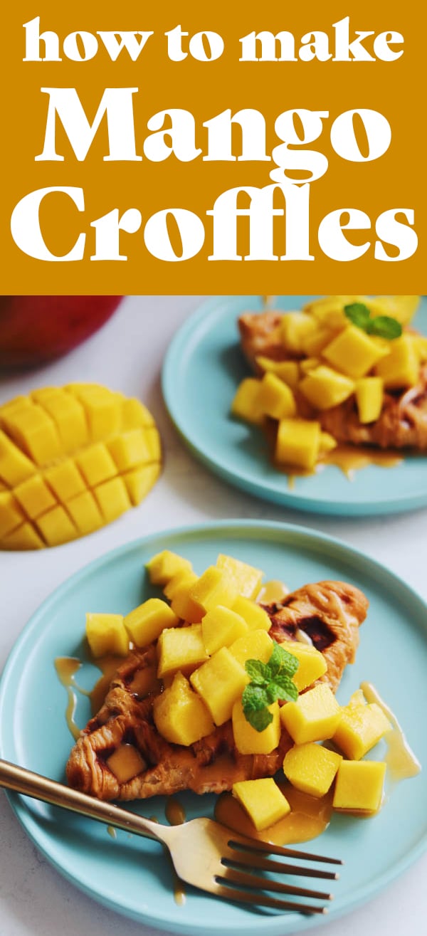These mango croffles put a tropical twist the latest viral recipe sensation. They’re super easy to make and they taste amazing! All you need is 10 minutes, a waffle press, fresh croissants, fresh mangos, and powdered sugar.