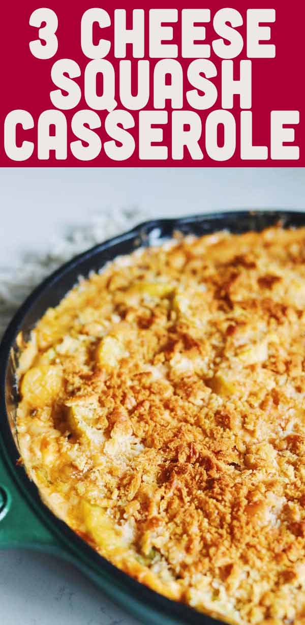 This Southern Cheesy Squash Casserole Bake is just what you need! Loaded with 3 cheeses and topped with a crispy buttery ritz cracker crust, it's absolutely heaven! It's creamy, dreamy and easy to make!