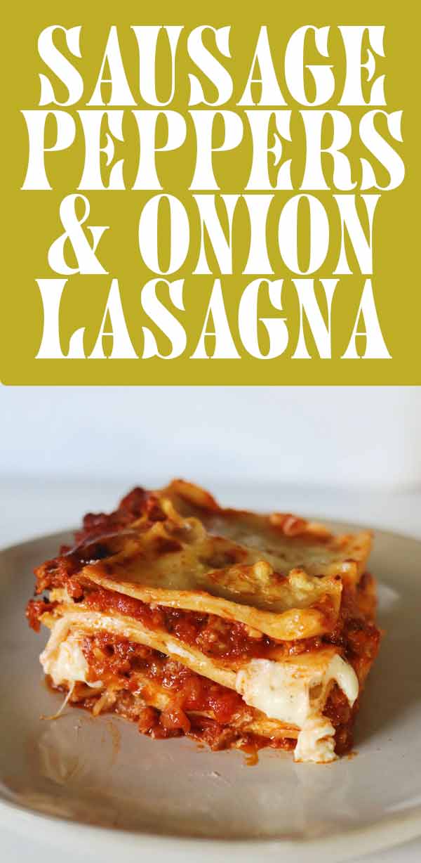 This baked sausage, pepper and onion lasagna is such a hit at our house! It’s an al forno dish that’s loaded with crispy spicy italian sausage, sweet bell peppers and onions and tons of melty cheese between layers of al dente pasta.