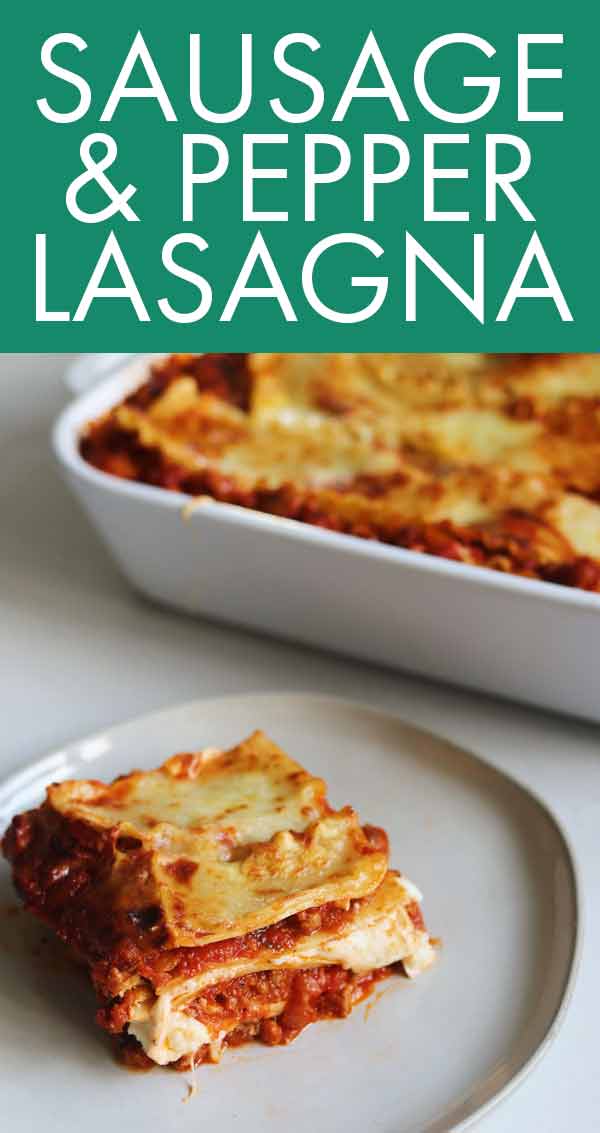 This baked sausage, pepper and onion lasagna is such a hit at our house! It’s an al forno dish that’s loaded with crispy spicy italian sausage, sweet bell peppers and onions and tons of melty cheese between layers of al dente pasta.