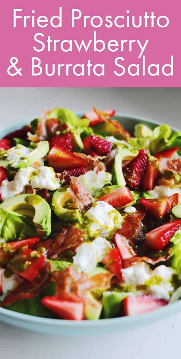 This fried prosciutto, strawberry and burrata salad is the perfect spring time salad for Easter Brunch. It’s got crispy prosciutto, sweet strawberries, fresh avocado and deliciously rich bits of burrata layered on tender butter lettuce leaves. The dressing is made from store bought pesto to save you extra time.