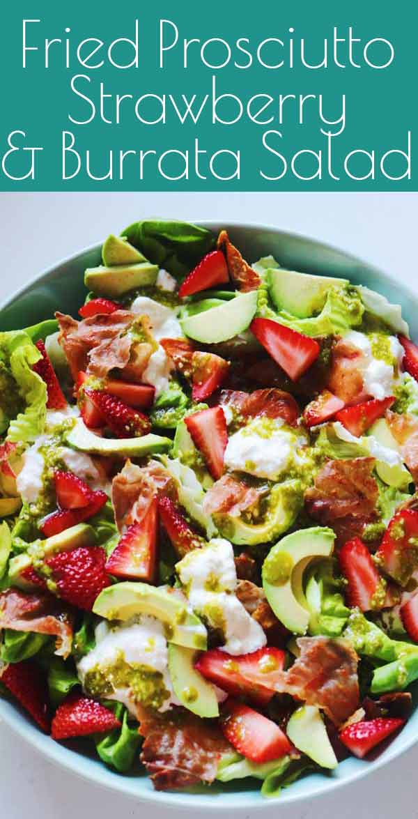This fried prosciutto, strawberry and burrata salad is the perfect spring time salad for Easter Brunch. It’s got crispy prosciutto, sweet strawberries, fresh avocado and deliciously rich bits of burrata layered on tender butter lettuce leaves. The dressing is made from store bought pesto to save you extra time.
