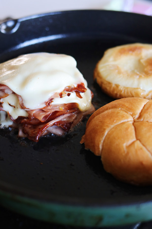 melted mortadella and cheese and buns