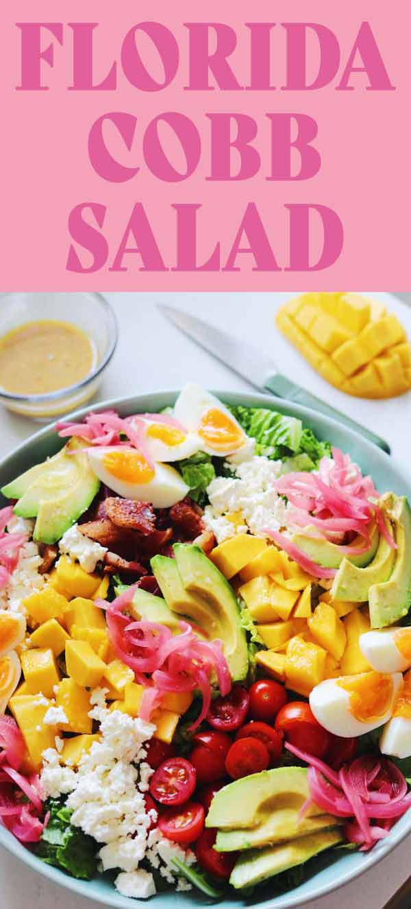  This Florida Cobb Salad is loaded with a ton of tropical southern goodness! Its got fresh mango, crispy bacon, creamy avocado, pickled red onions, tomato and feta cheese! I use my fav go-to citrus salad dressing but you could use whatever you like! 