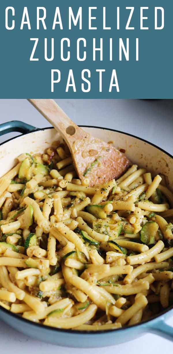 This caramelized zucchini pasta is the perfect summertime recipe. Fresh zucchini is cooked down with olive oil, butter, and garlic until soft and caramelized. It’s then tossed with al dente pasta and lots of parmigiano. It’s super delicious and it’s the perfect way to use up all of your summer zucchini!