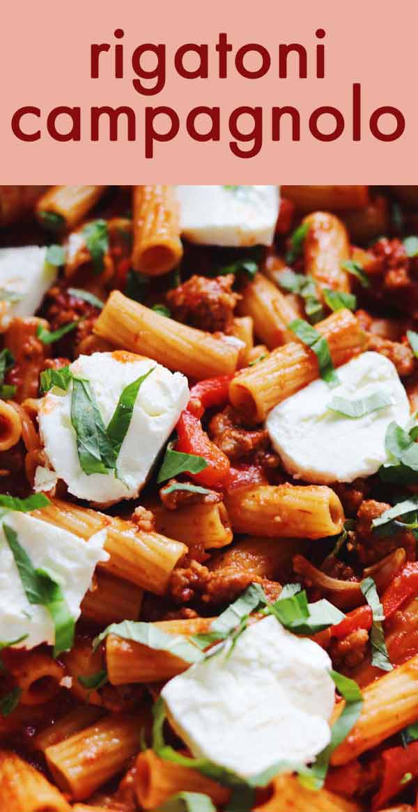 This Rigatoni Campagnolo recipe is inspired by a pasta dish from Carrabba’s Italian Grill. It’s loaded with goat cheese, spicy italian sausage, caramelized peppers, onions and garlic. It’s got a hint of sweetness from balsamic vinegar and fresh basil. It’s so good!