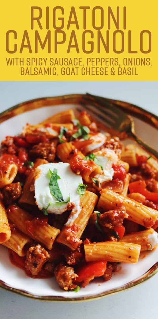 This Rigatoni Campagnolo recipe is inspired by a pasta dish from Carrabba’s Italian Grill. It’s loaded with goat cheese, spicy italian sausage, caramelized peppers, onions and garlic. It’s got a hint of sweetness from balsamic vinegar and fresh basil. It’s so good!