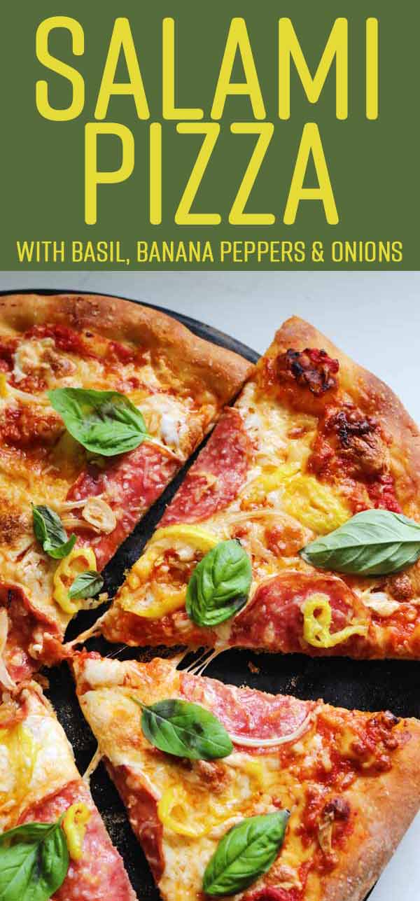 This Salami Pizza is loaded with lots of cheese, banana peppers, onions and fresh basil. It’s a a delicious way to use random bits salami and the possibilities are endless. Pepperoni could also be used in its place.