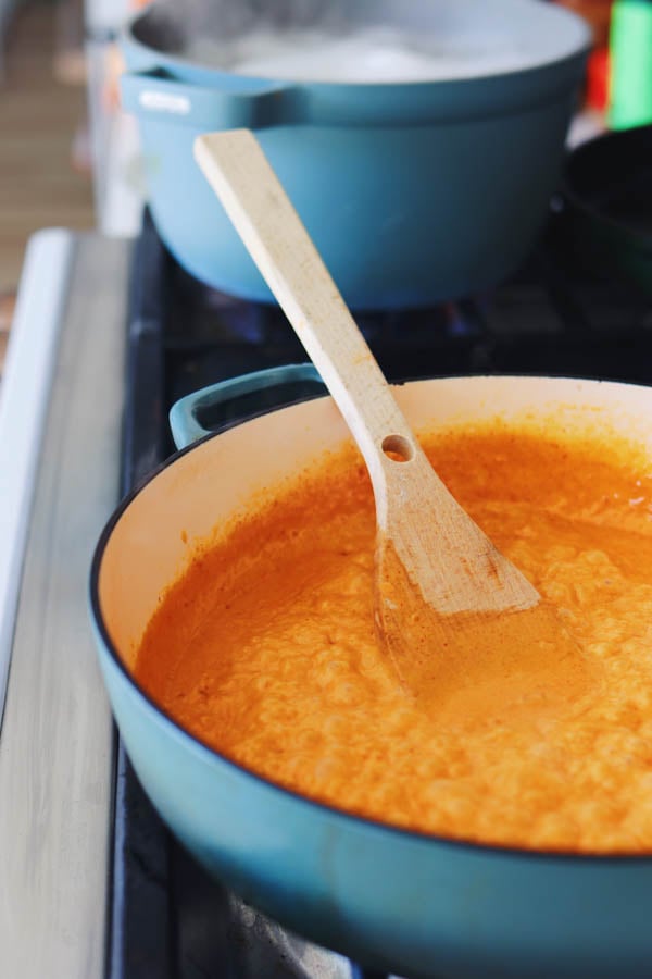 gochujang pasta sauce in a blue pot