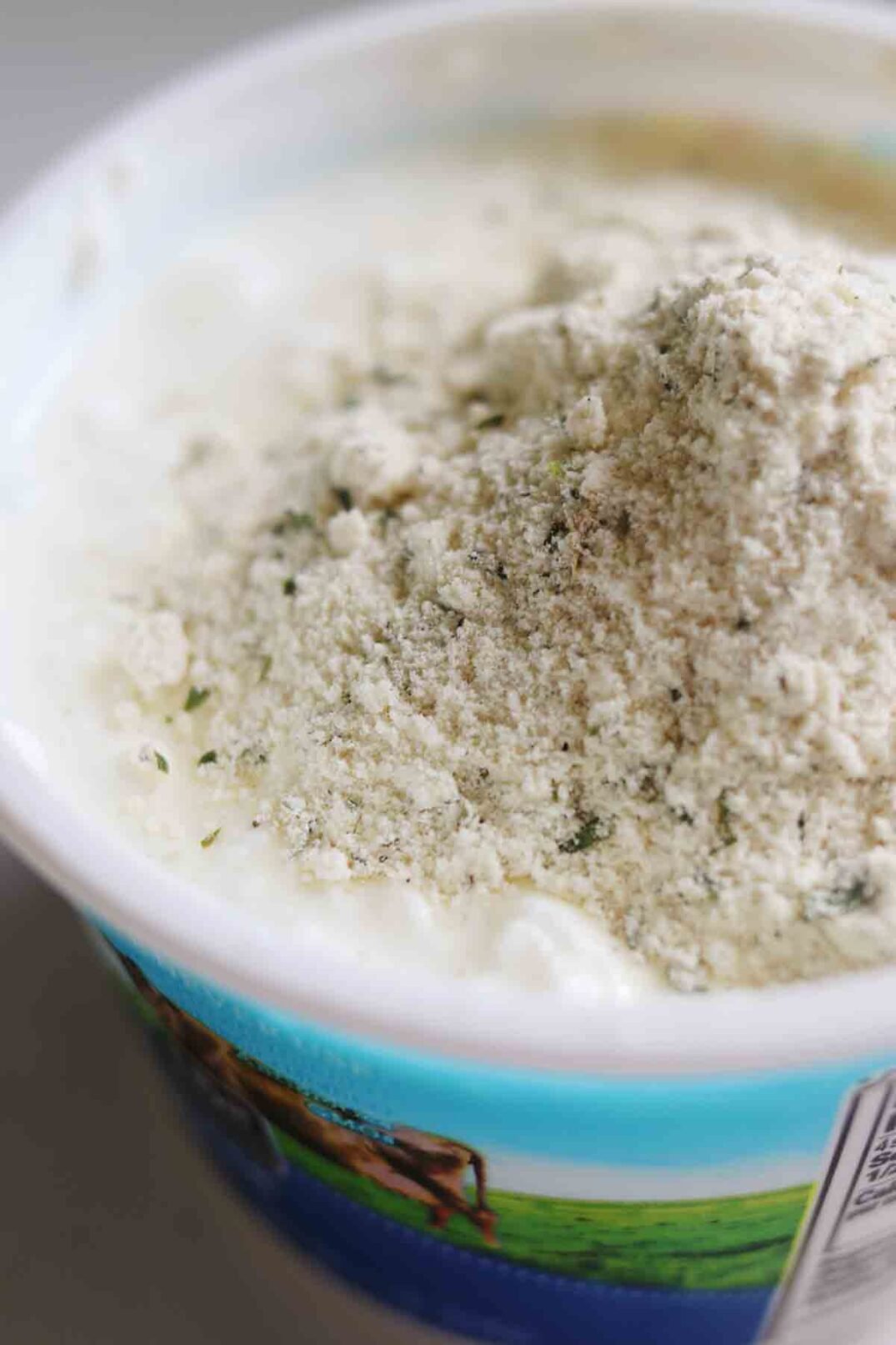 ranch seasoning on top of a container of cottage cheese.
