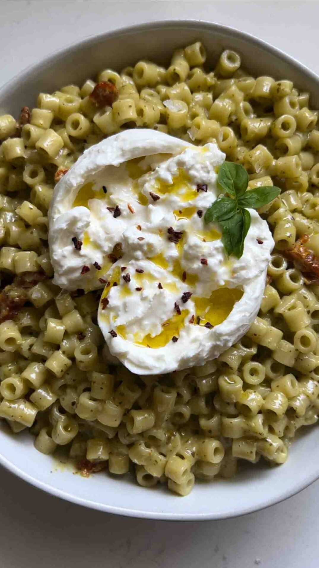 ditalini pasta tossed in creamy pesto sauce in a while bowl with burrata on top