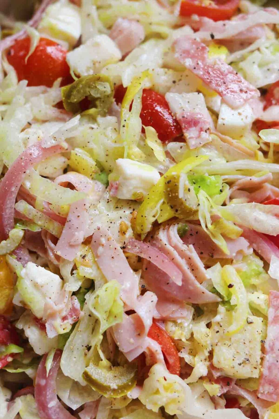 a close up of the colorful ingredients in a grinder salad.