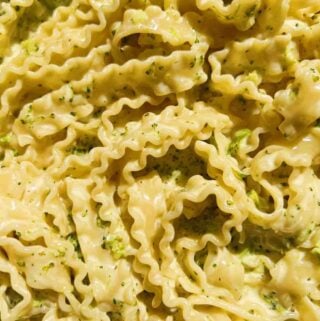 an up close view of malfadine pasta with broccoli and creamy lemon sauce.