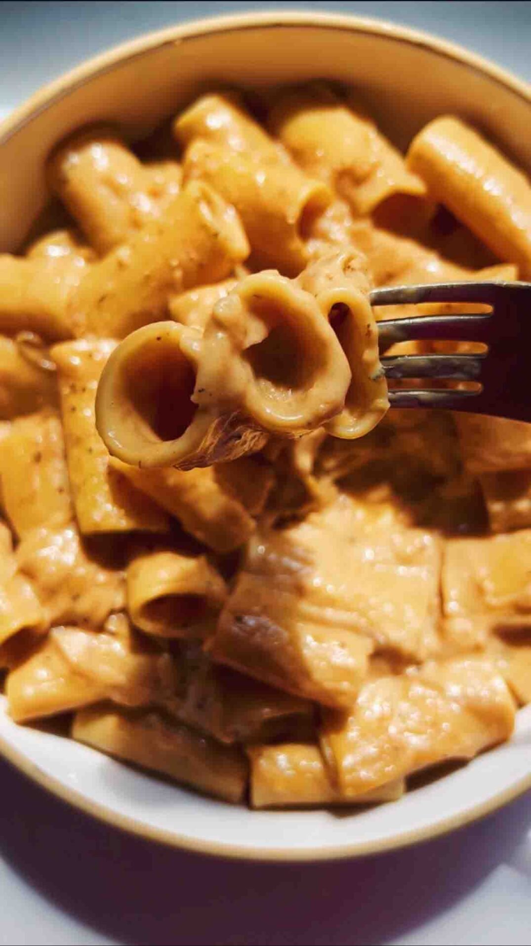 a fork stabbing some rigatoni covered in french onion soup sauce.