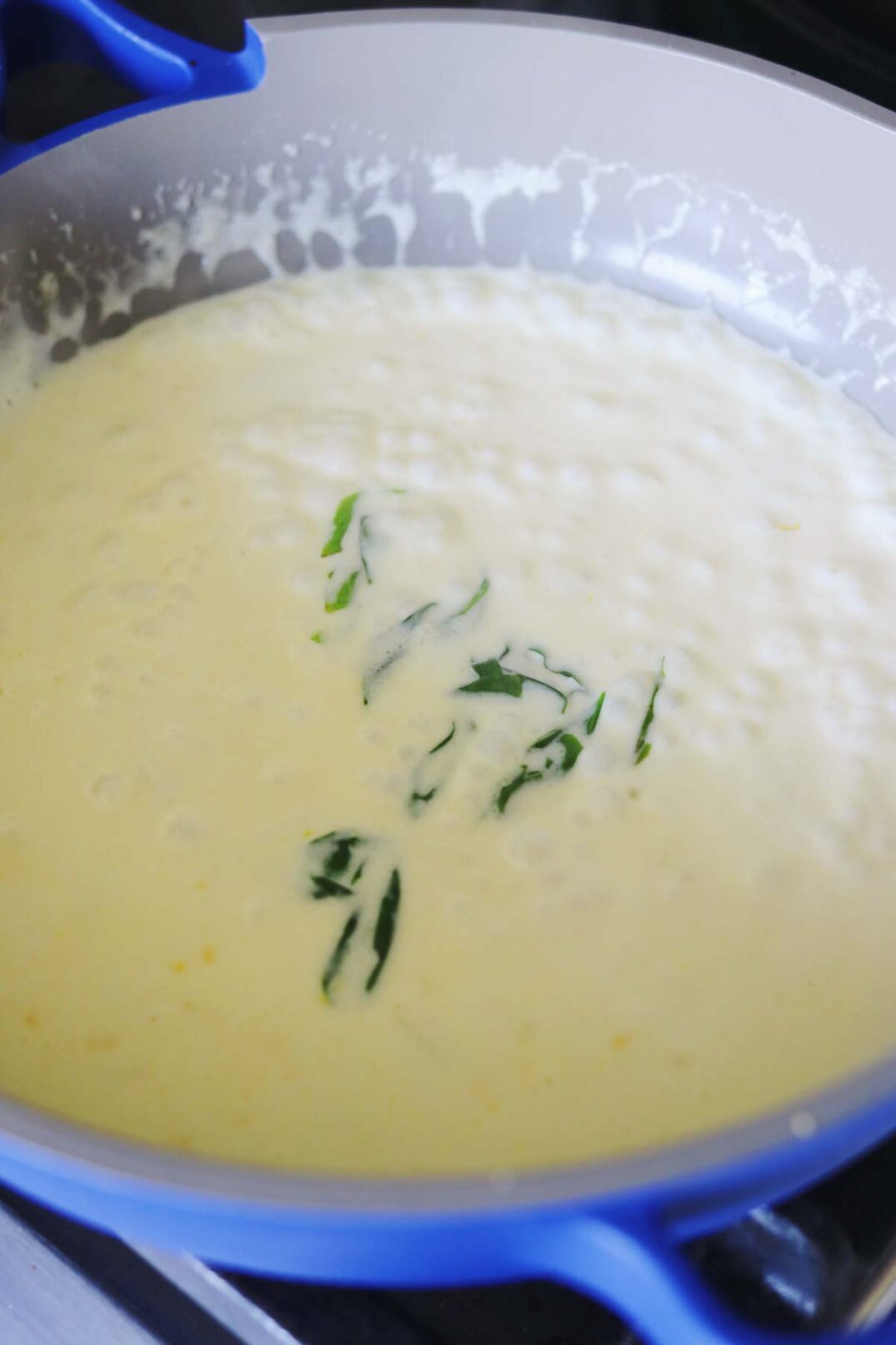 white sauce bubbling with basil in a blue pan.