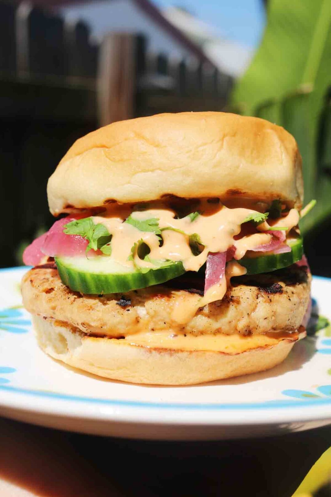 a plate with a fully built teriyaki turkey burger on top.