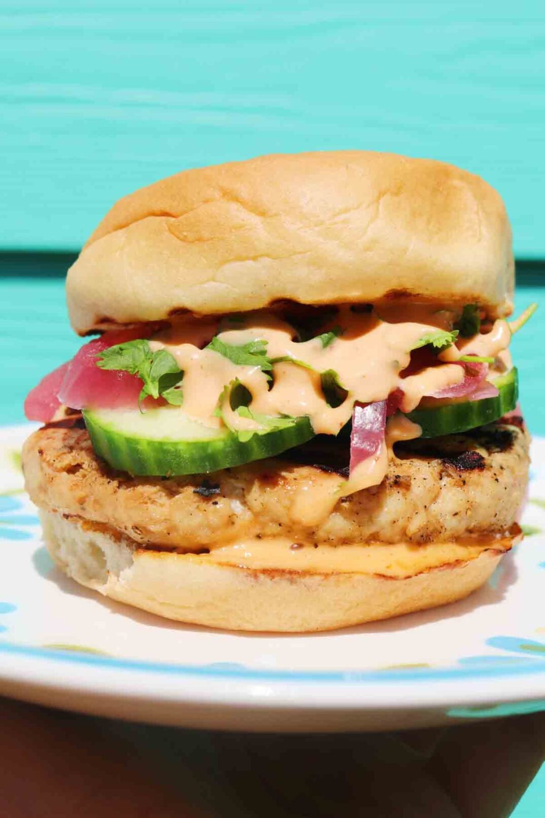 a close up of a teriyaki turkey burger with a neon blue background.