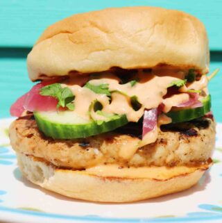 a close up of a teriyaki turkey burger with a neon blue background.