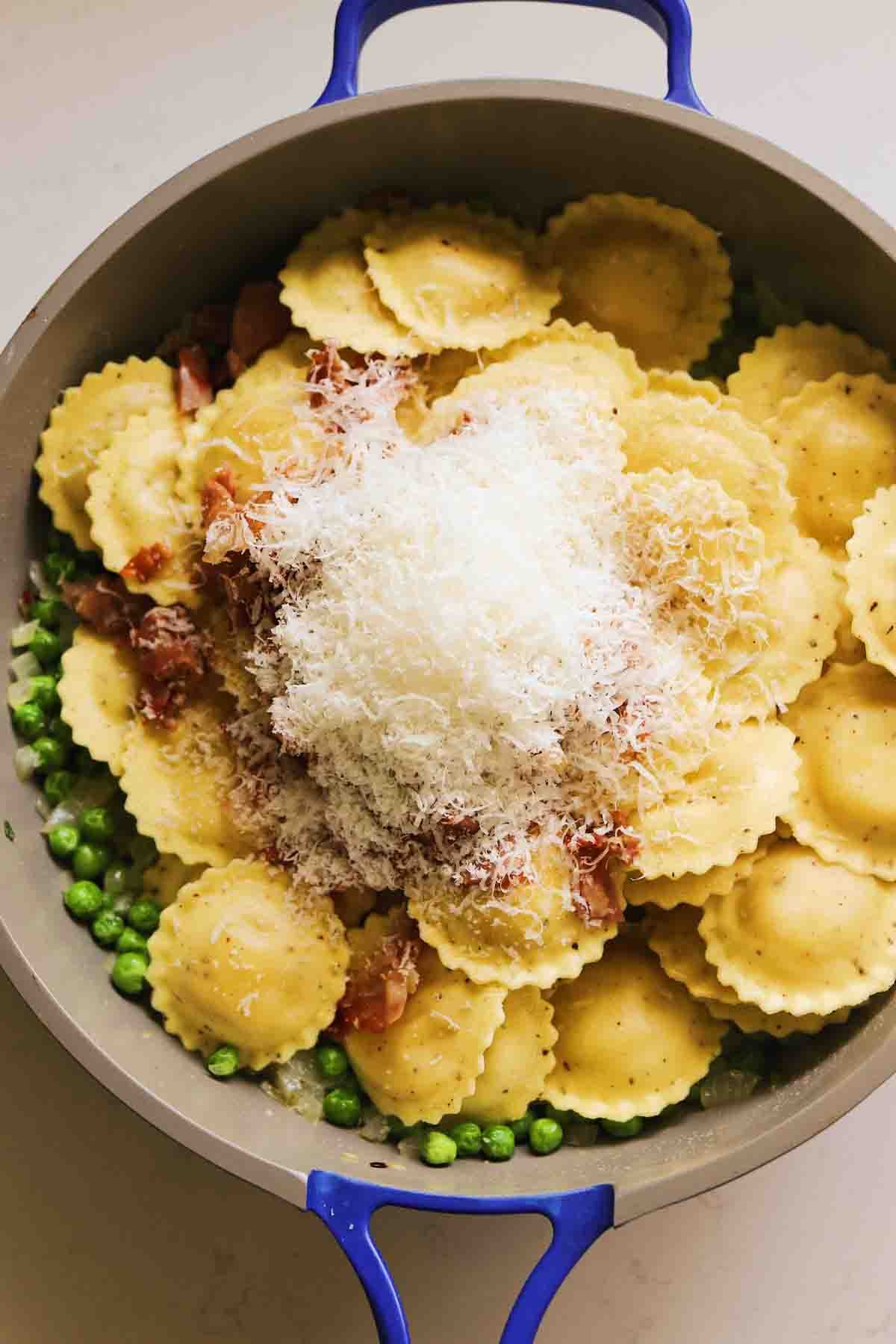 Trader Joe’s Cacio e Pepe Ravioli with Peas & Prosciutto Grilled