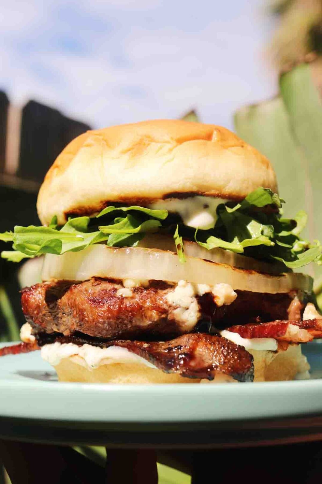 a blue cheese bacon burger being held up into the sunlight in front of a fence.