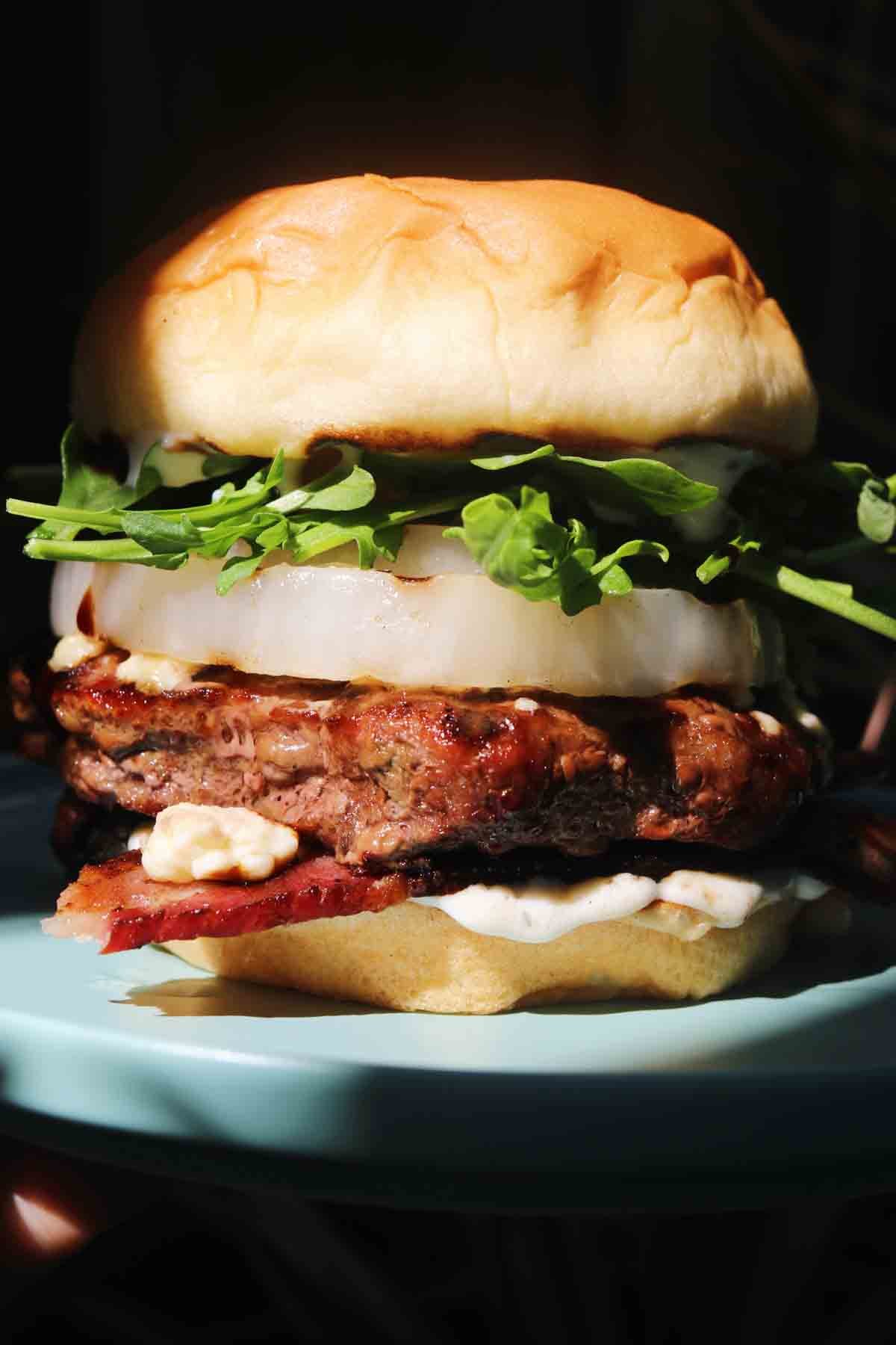 Red, White & Bleu Cheese Bacon Burger - Over The Fire Cooking