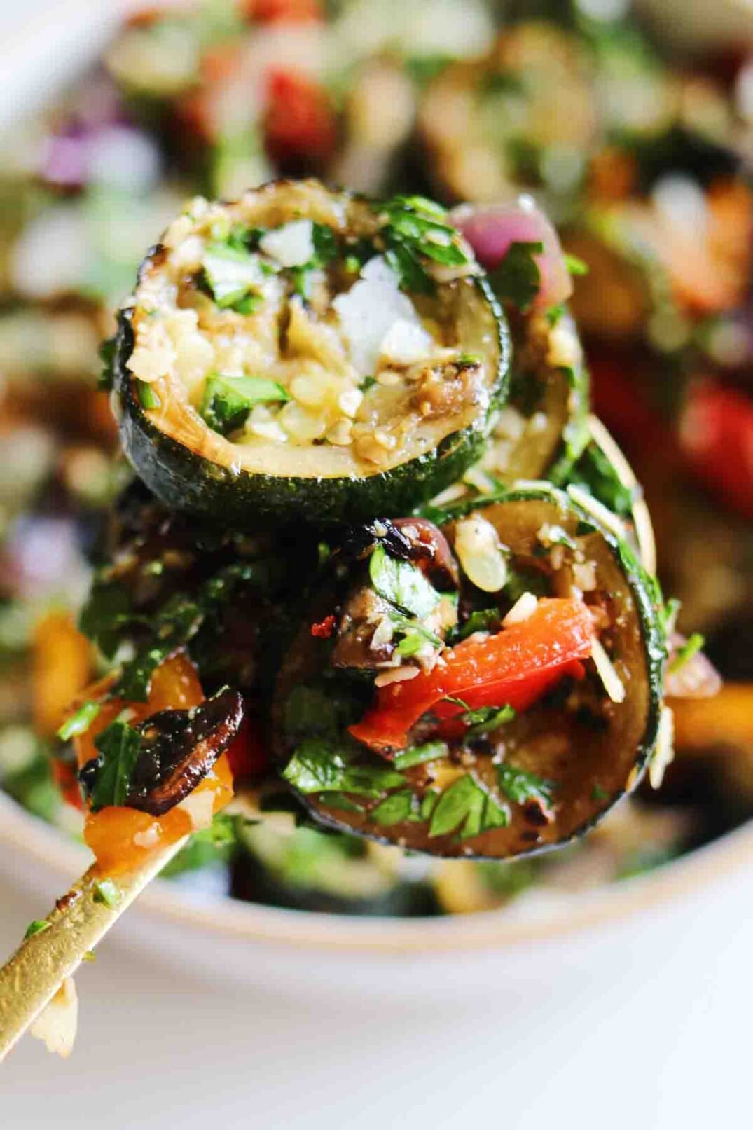 a spoonful of colorful chimichurri grilled vegetables with the background faded out.