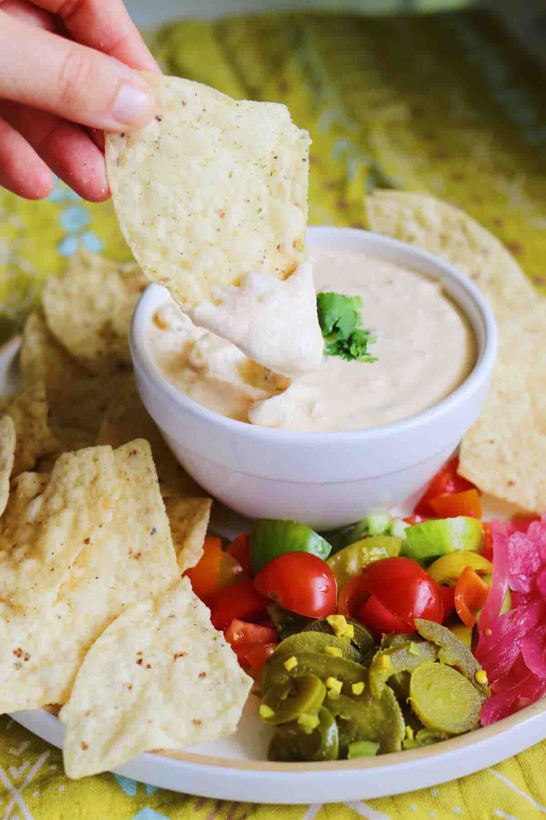 cottage cheese queso in a white bowl surrounded by colorful toppings and tan tortilla chips.